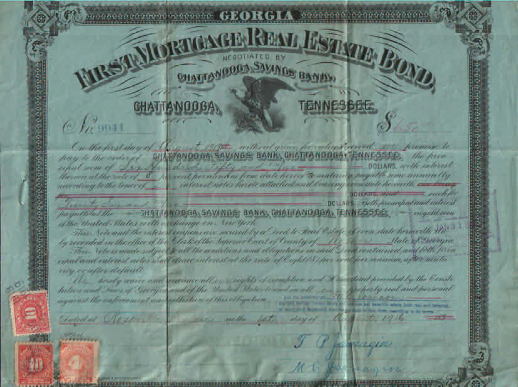 Chattanooga Savings Bank Morgage Bond 8-1-1916